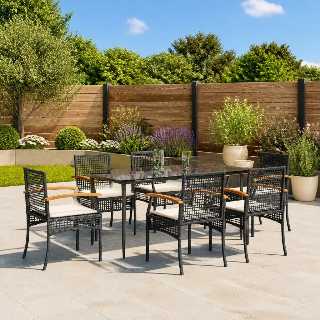 7 Piece Garden Dining Set Black Poly Rattan Cushions Tempered Glass Table