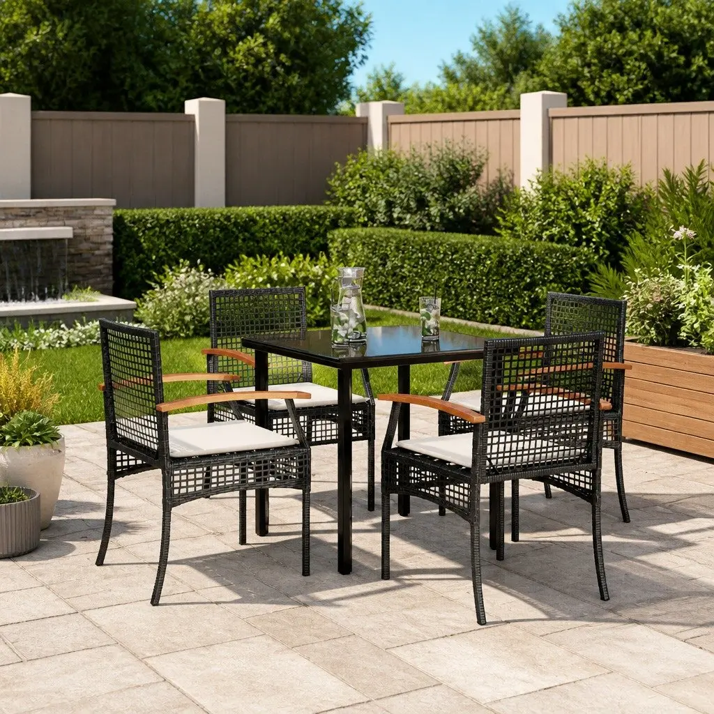 Outdoor Dining Set Black Poly Rattan 5 Piece with Cushions for Garden Patio Table and Chairs