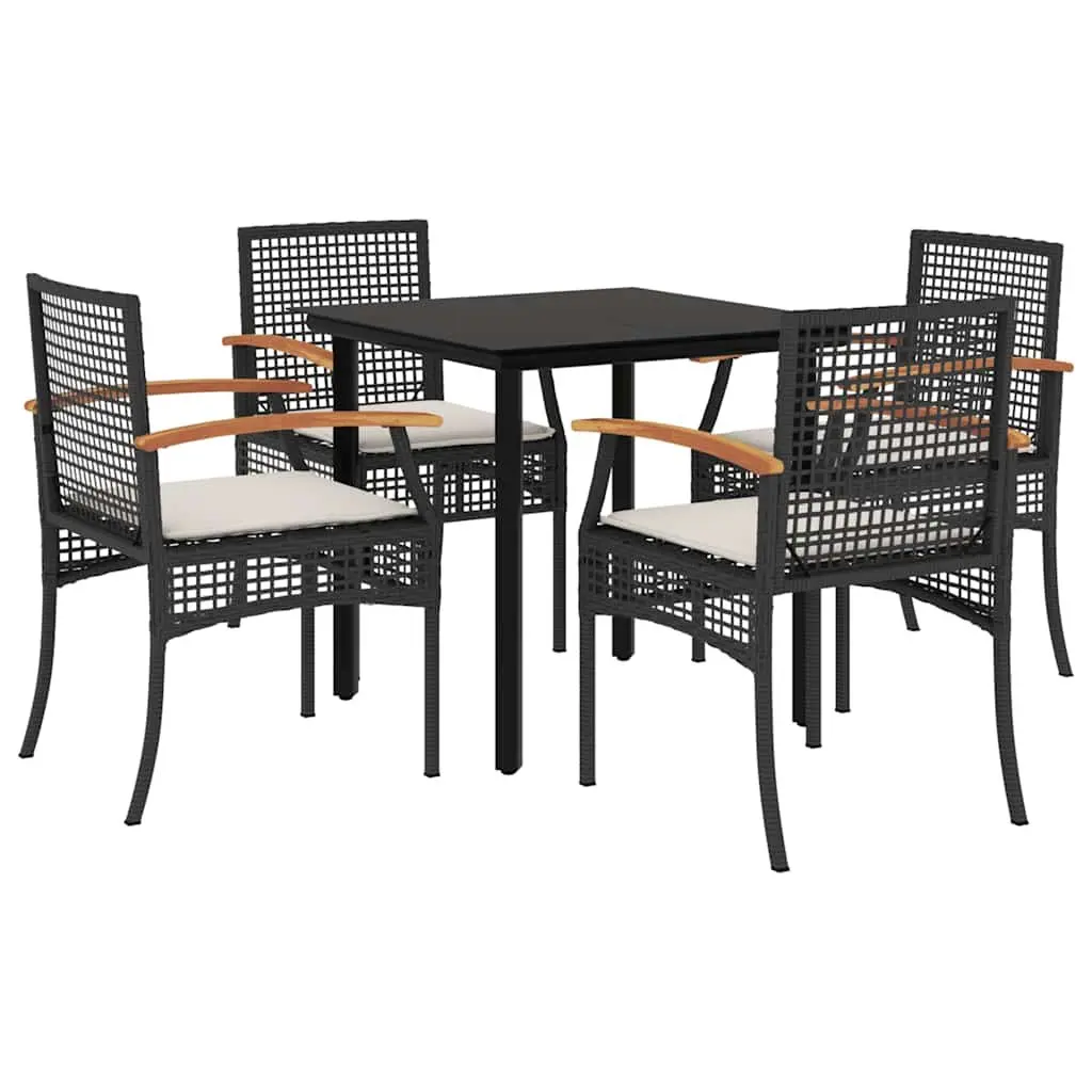 Outdoor Dining Set Black Poly Rattan 5 Piece with Cushions for Garden Patio Table and Chairs
