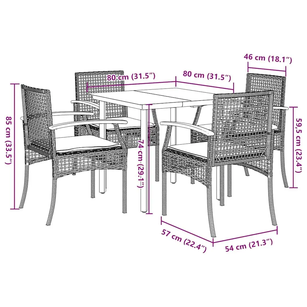 Outdoor Dining Set Black Poly Rattan 5 Piece with Cushions for Garden Patio Table and Chairs