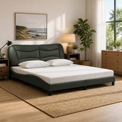 Sleek King Bed Frame with LED Lighting in Grey Fabric
