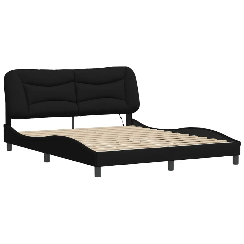 Queen Bed Frame Black Fabric Upholstered with LED Lighting Padded Headboard 152x203cm