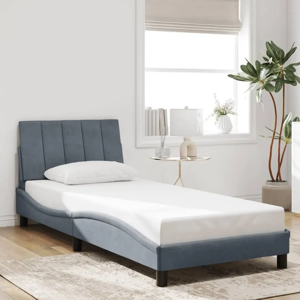 Bed Frame Dark Grey Velvet 90x190 cm LED Lights Slatted Base Headboard
