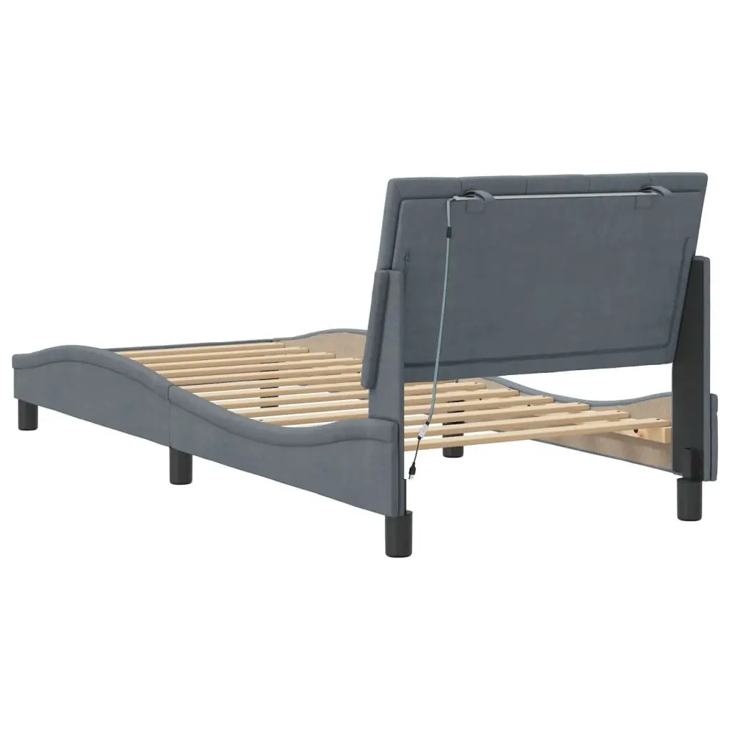 Bed Frame Dark Grey Velvet 90x190 cm LED Lights Slatted Base Headboard