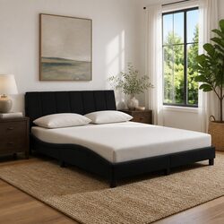 Compact Queen Bed Frame with LED Lights and Velvet Headboard 152x203 cm