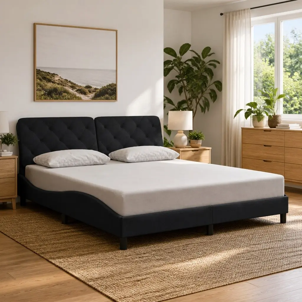 Bed Frame Black Velvet 180x200 cm with Foam Headboard and LED Lights Slatted Base