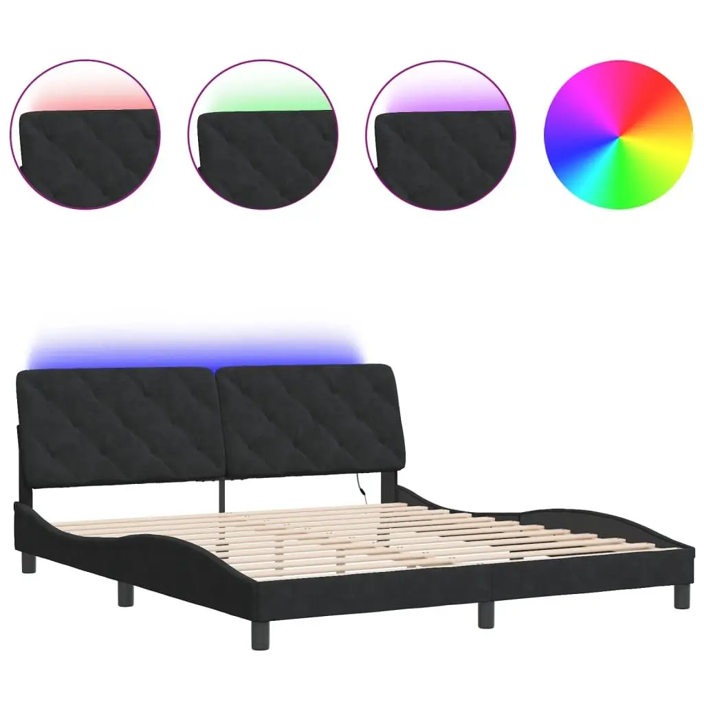 Bed Frame Black Velvet 180x200 cm with Foam Headboard and LED Lights Slatted Base