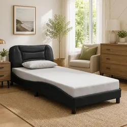Concise Black Bed Frame with LED Lights and Cushioned Headboard