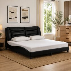 Black Bed Frame with LED Lighting and Padded Headboard