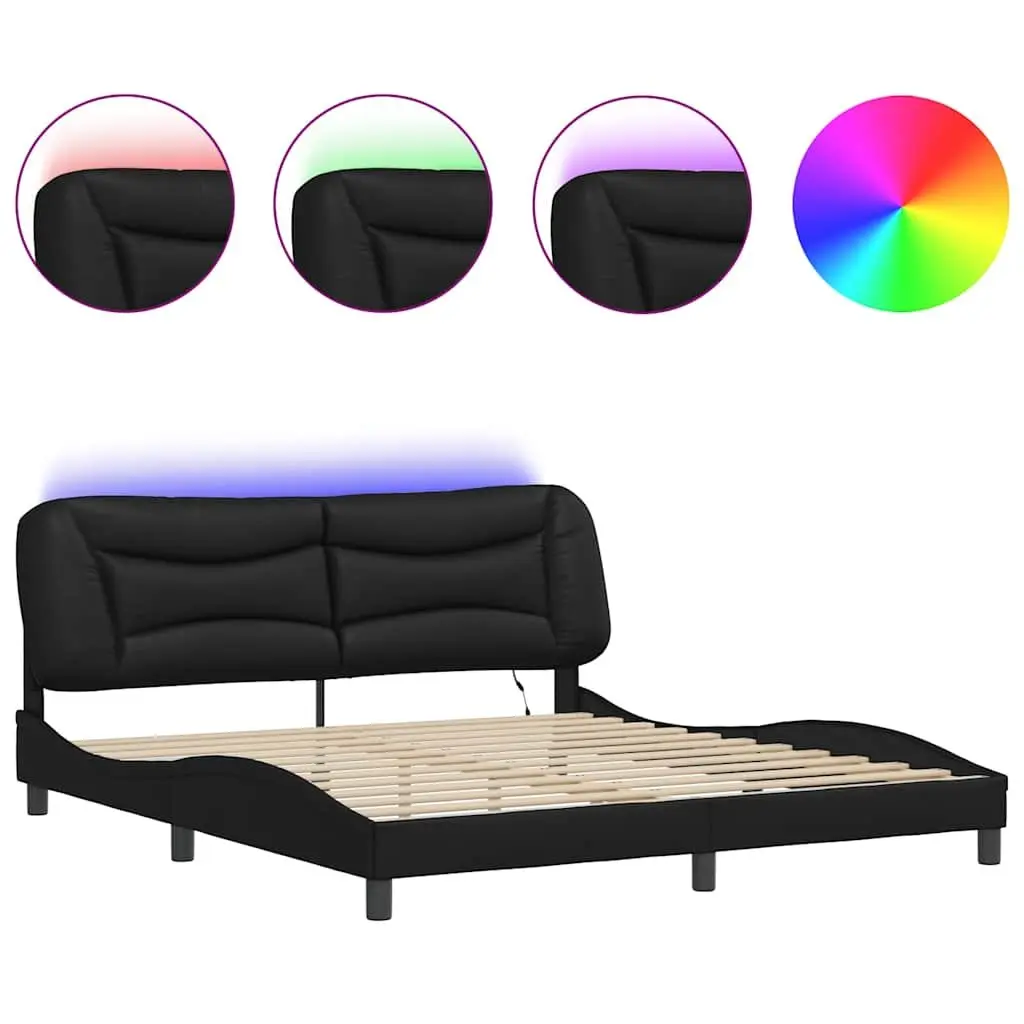 Black Bed Frame with LED Lighting and Padded Headboard