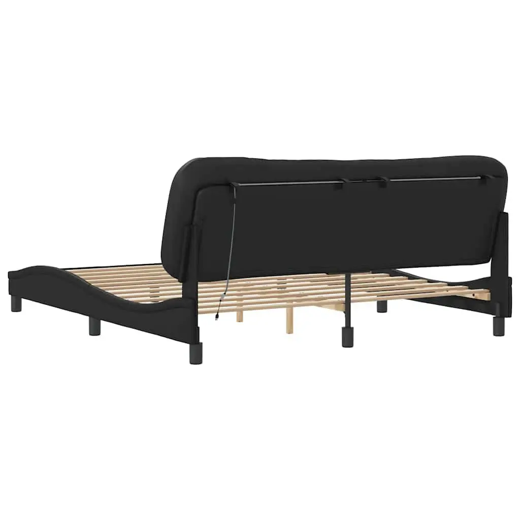 Black Bed Frame with LED Lighting and Padded Headboard