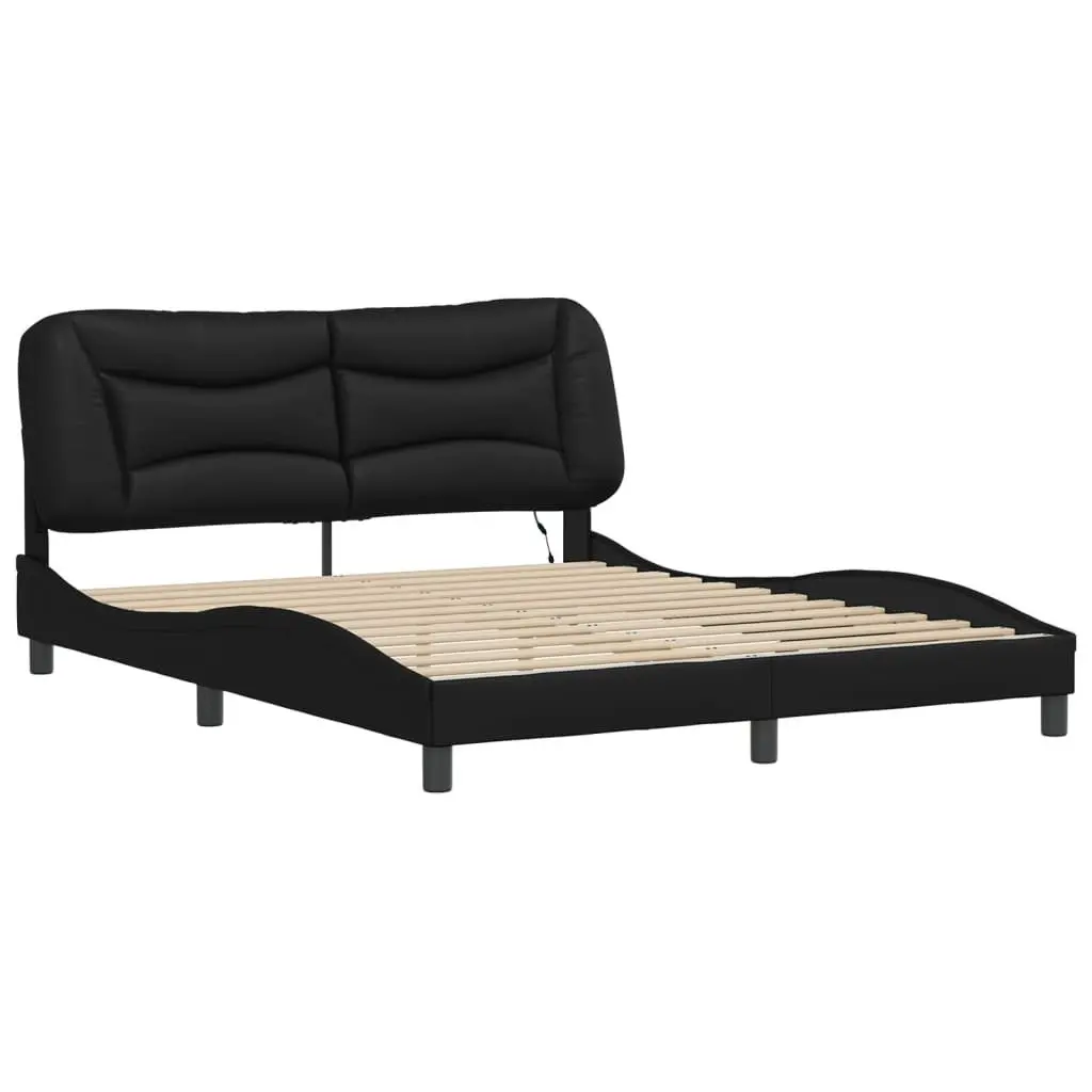 Bed Frame with LED Lights Black Faux Leather Headboard Pillow 152x203 cm