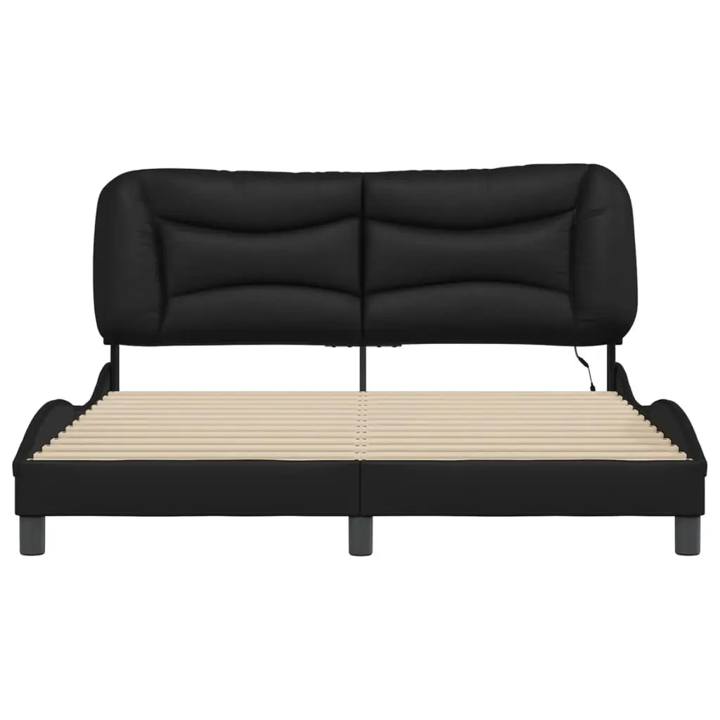 Bed Frame with LED Lights Black Faux Leather Headboard Pillow 152x203 cm