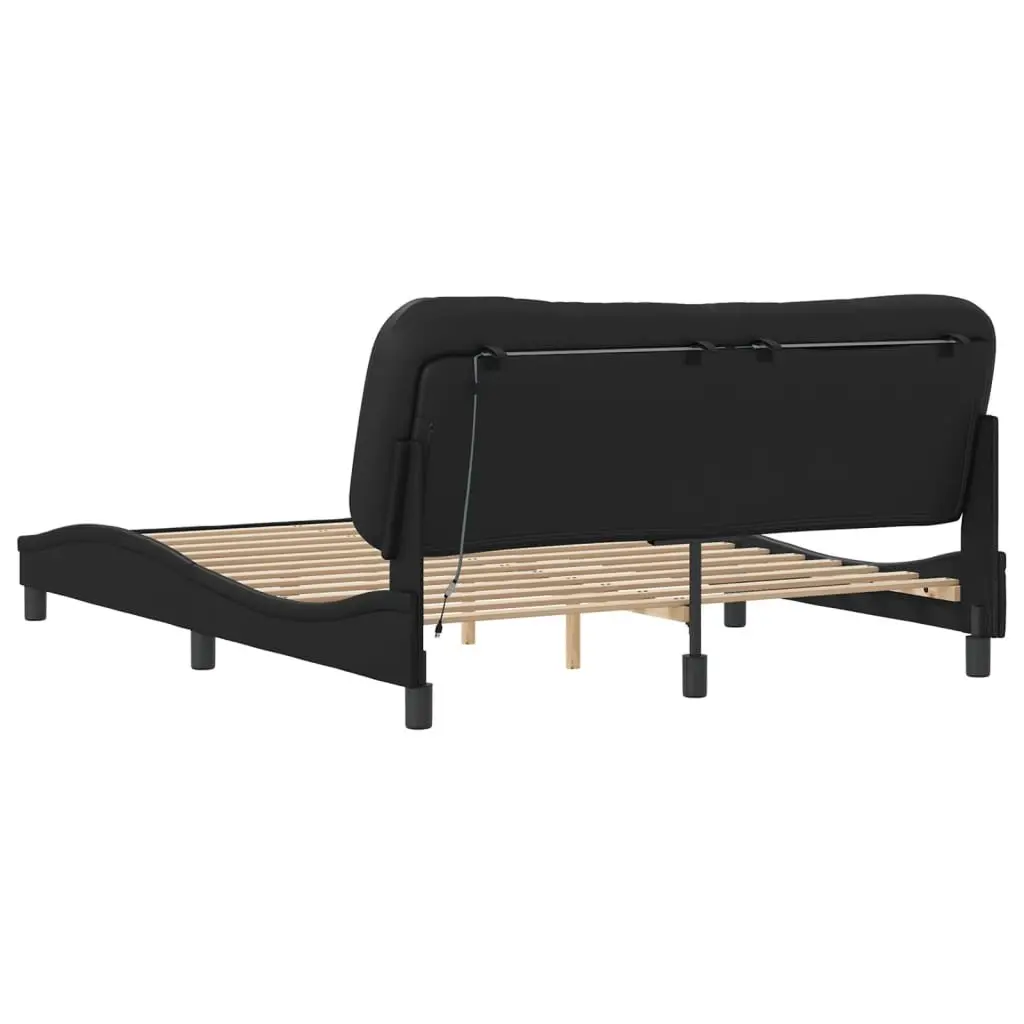 Bed Frame with LED Lights Black Faux Leather Headboard Pillow 152x203 cm