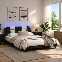Bed Frame with LED Lights Black Faux Leather Headboard Support 152x203cm