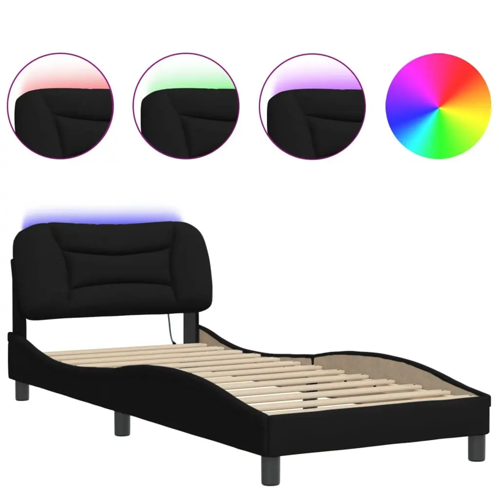 Bed Frame Black 90x190 cm LED Lights Fabric Headboard Slatted Base Support