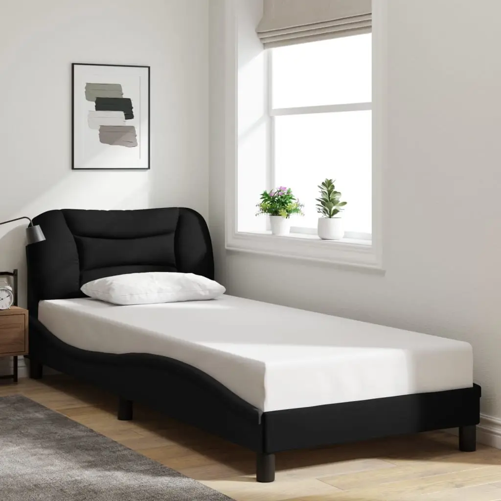 Bed Frame Black 90x190 cm LED Lights Fabric Headboard Slatted Base Support