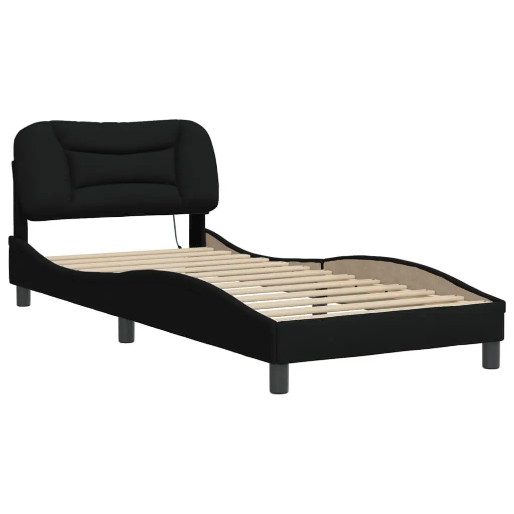 Bed Frame Black 90x190 cm LED Lights Fabric Headboard Slatted Base Support