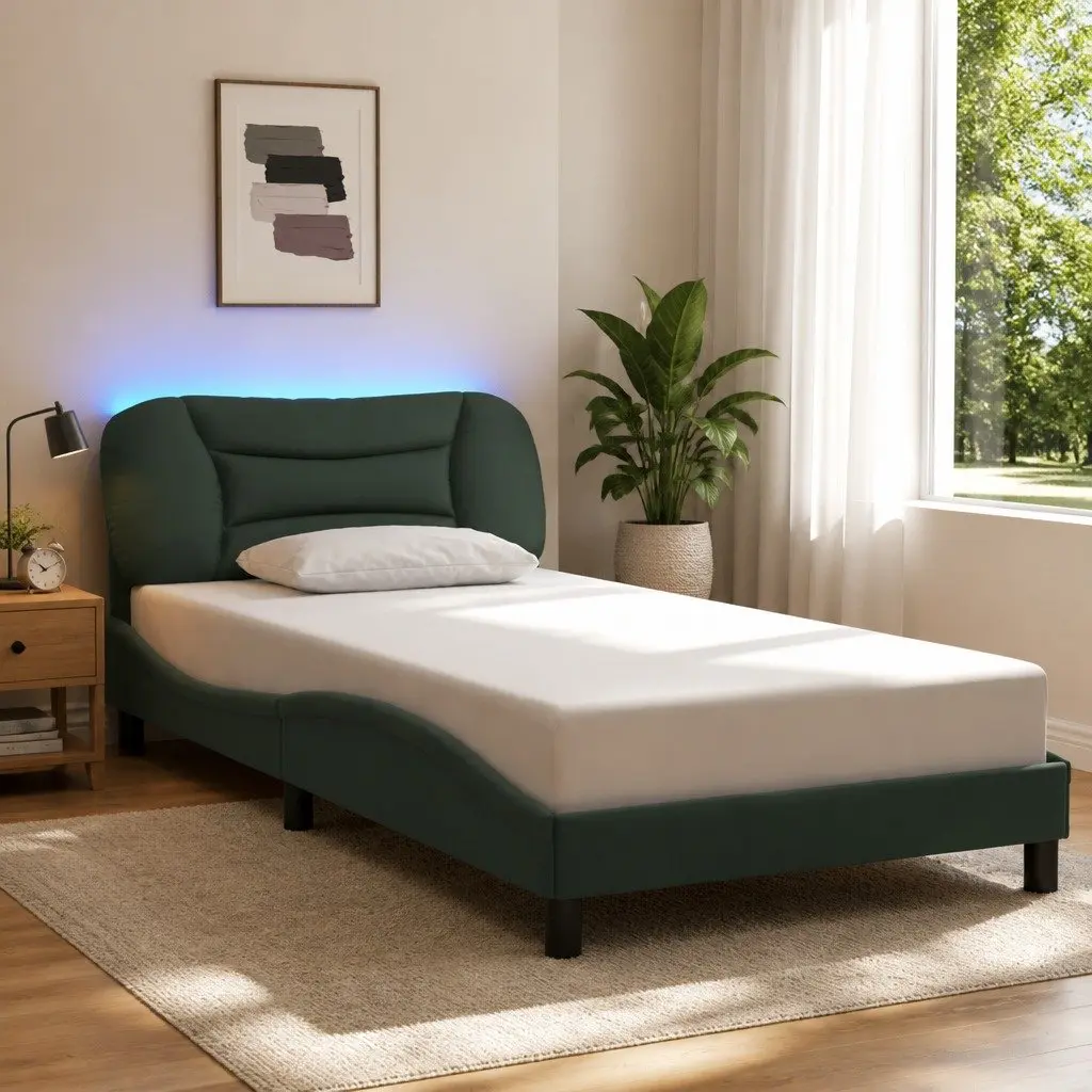 King Single Bed Frame Grey Fabric Headboard Integrated LED Lights Plywood Slats