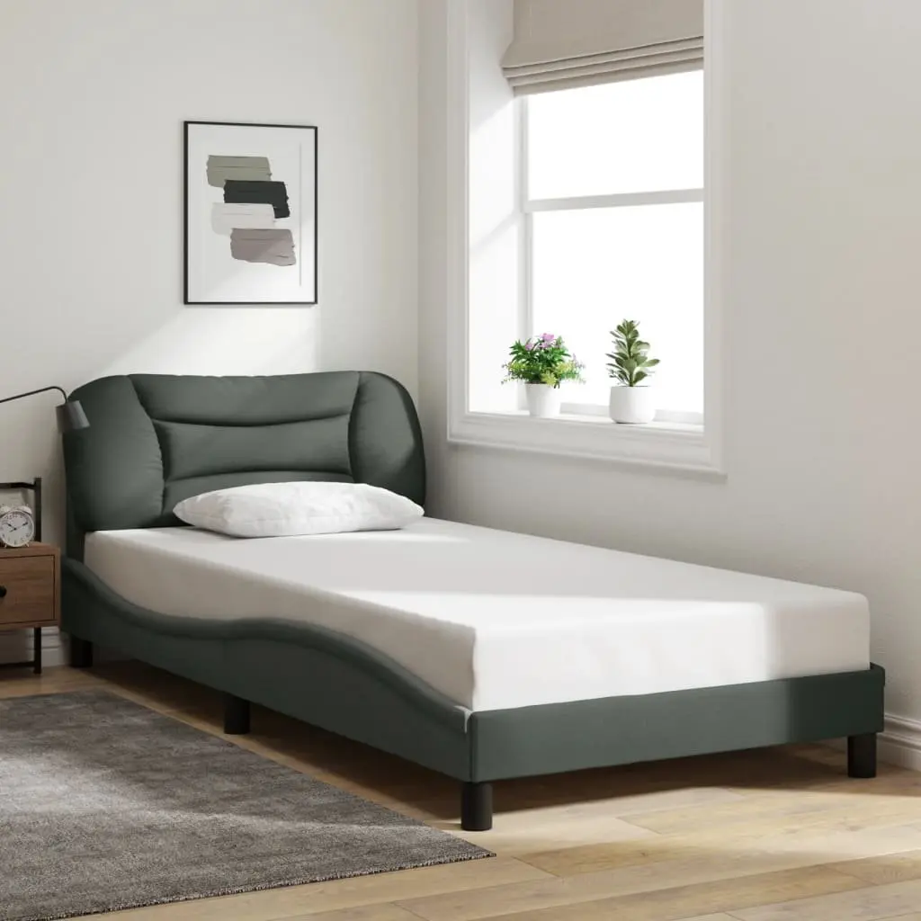 King Single Bed Frame Grey Fabric Headboard Integrated LED Lights Plywood Slats