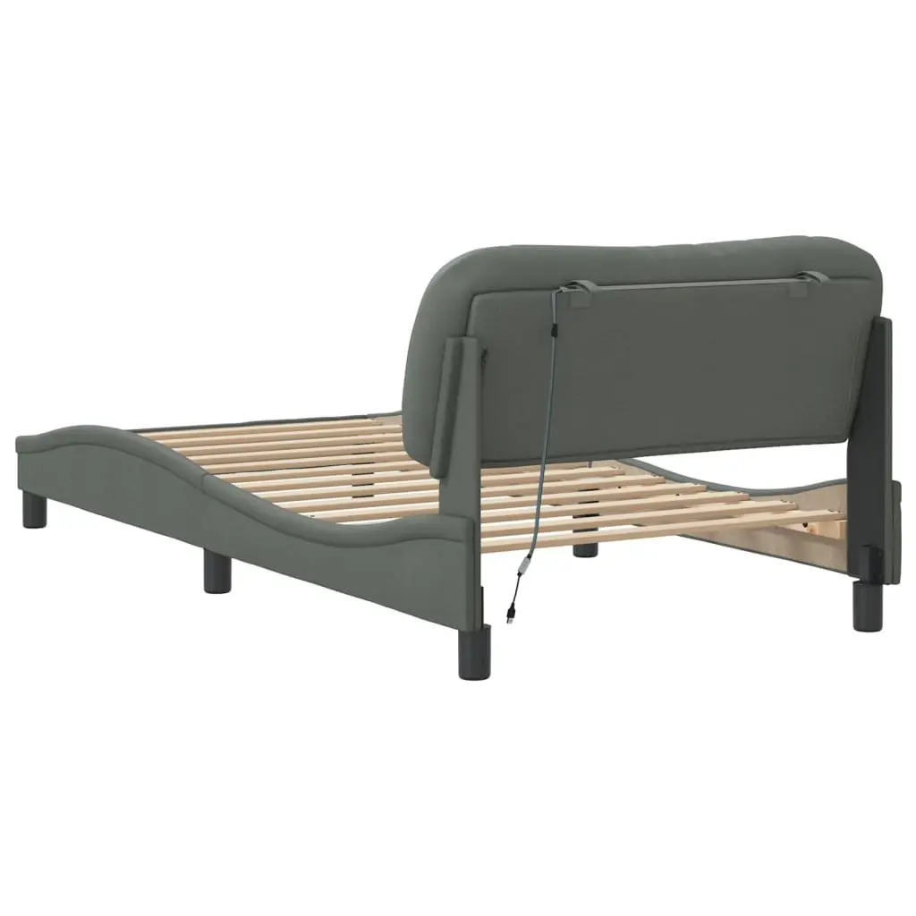 King Single Bed Frame Grey Fabric Headboard Integrated LED Lights Plywood Slats