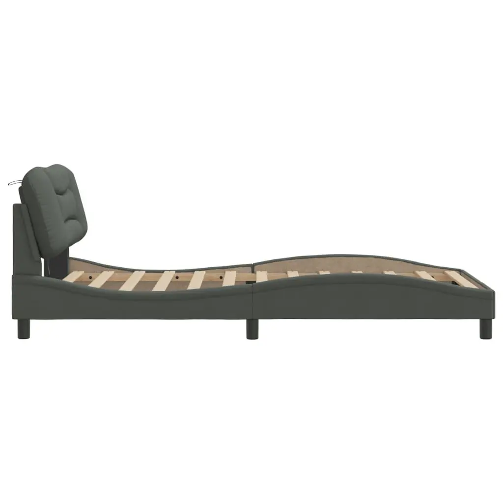 King Single Bed Frame Grey Fabric Headboard Integrated LED Lights Plywood Slats