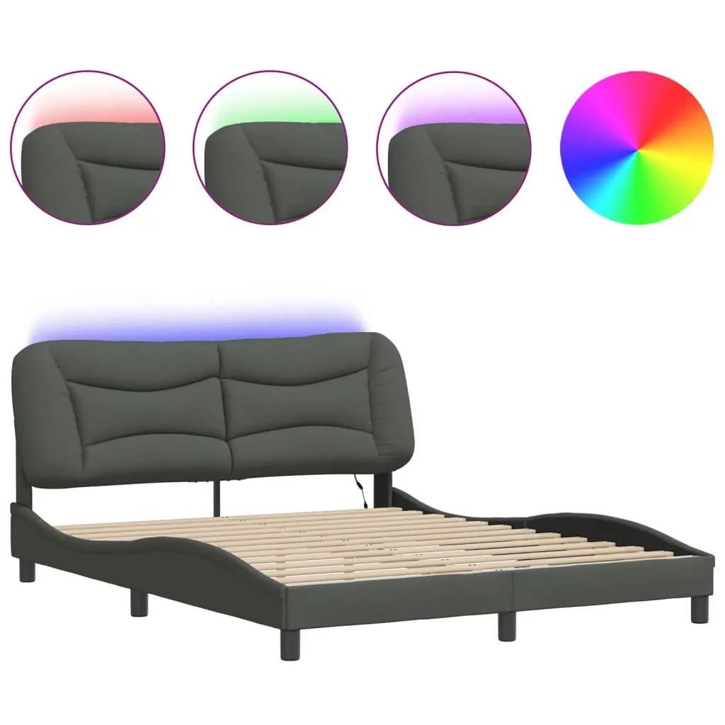 Queen Bed Frame Grey Fabric 152x203 cm LED Lights Plywood Slat Support