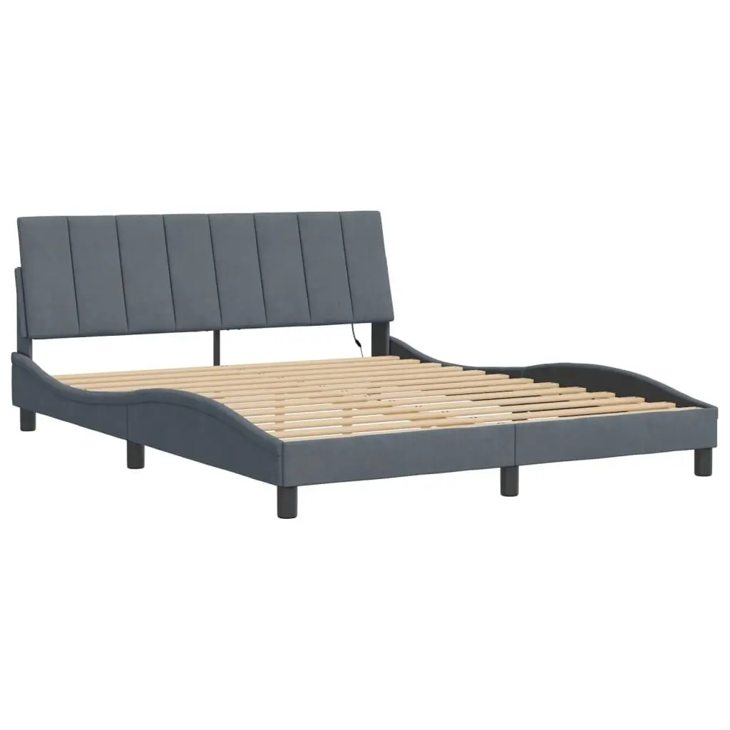 Queen Bed Frame LED Grey Velvet Headboard Plywood Slats Modern Bedroom Furniture