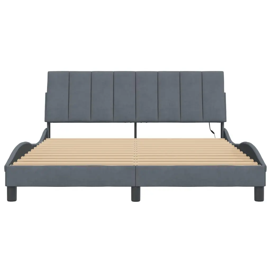 Queen Bed Frame LED Grey Velvet Headboard Plywood Slats Modern Bedroom Furniture
