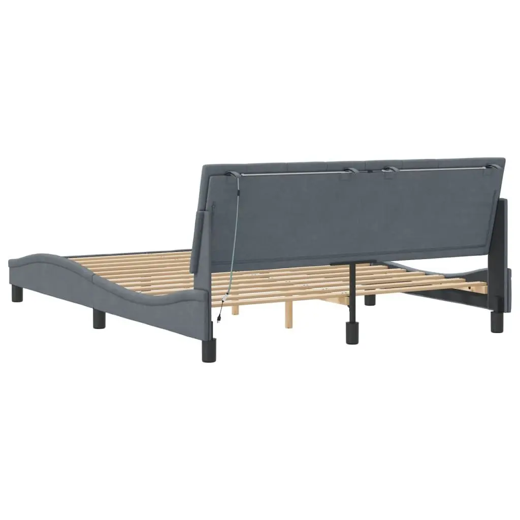 Queen Bed Frame LED Grey Velvet Headboard Plywood Slats Modern Bedroom Furniture