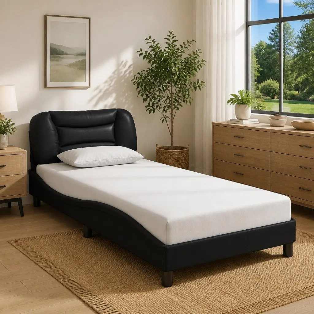 Bed Frame Black 90x190 cm LED Lights Padded Headboard