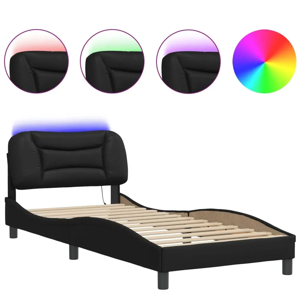 Bed Frame Black 90x190 cm LED Lights Padded Headboard