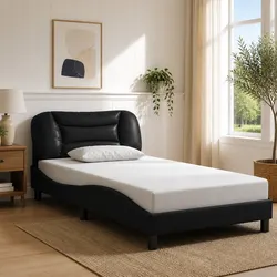 Concise Black Bed Frame with LED Lights and Faux Leather