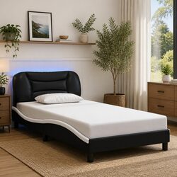LED Bed Frame with Faux Leather Upholstery