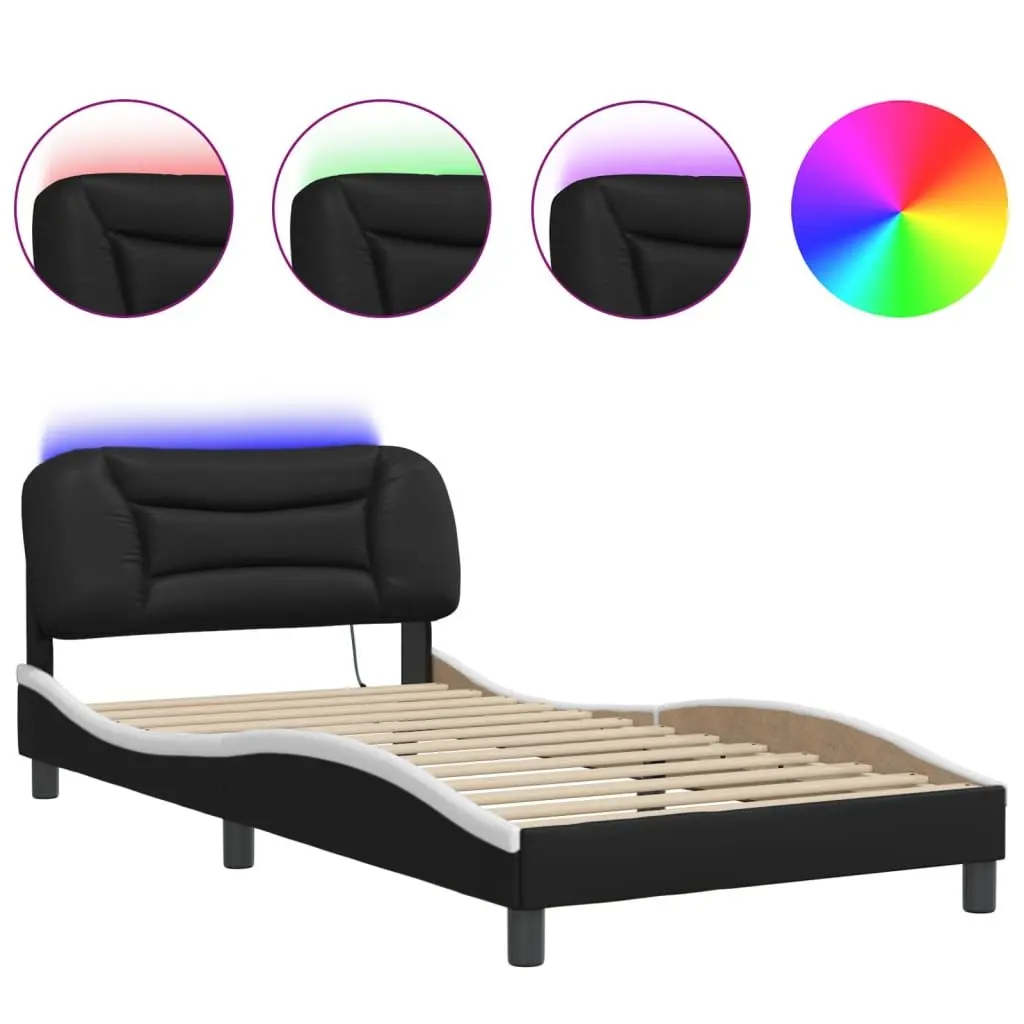 Bed Frame Black White Faux Leather 107x203 cm Integrated LED Lights Padded Headboard