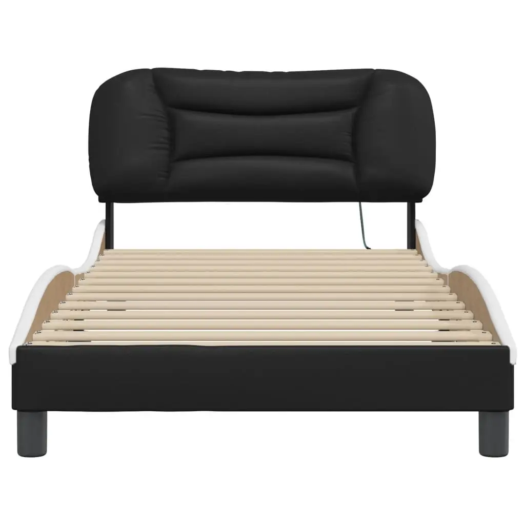 Bed Frame Black White Faux Leather 107x203 cm Integrated LED Lights Padded Headboard
