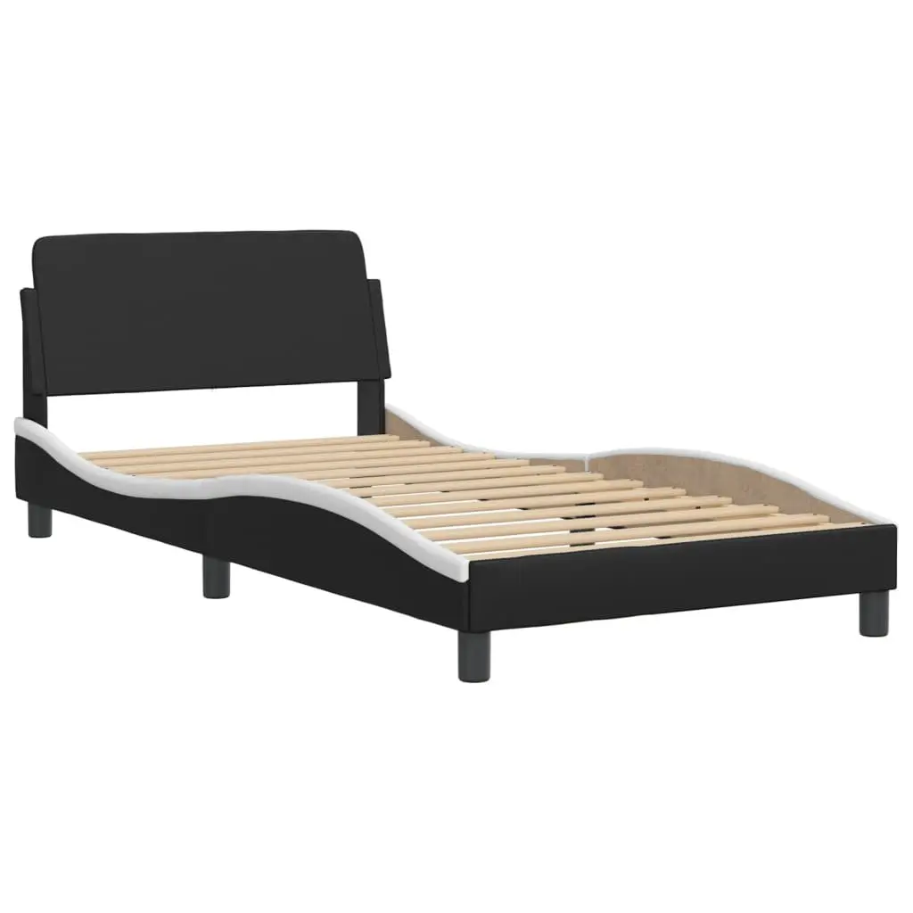 Bed Frame Black White Faux Leather 107x203 cm Integrated LED Lights Padded Headboard