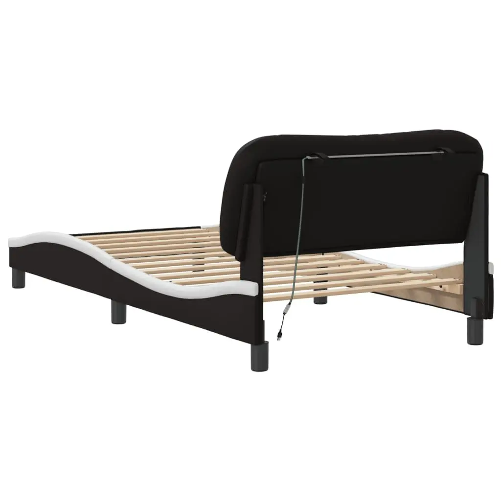Bed Frame Black White Faux Leather 107x203 cm Integrated LED Lights Padded Headboard