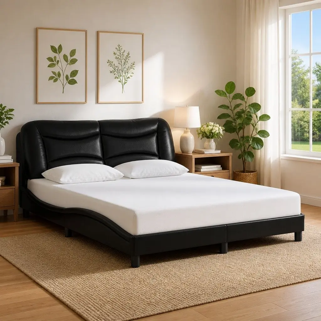 Bed Frame Black 152x203 cm LED Lights Faux Leather Headboard Plywood Slats