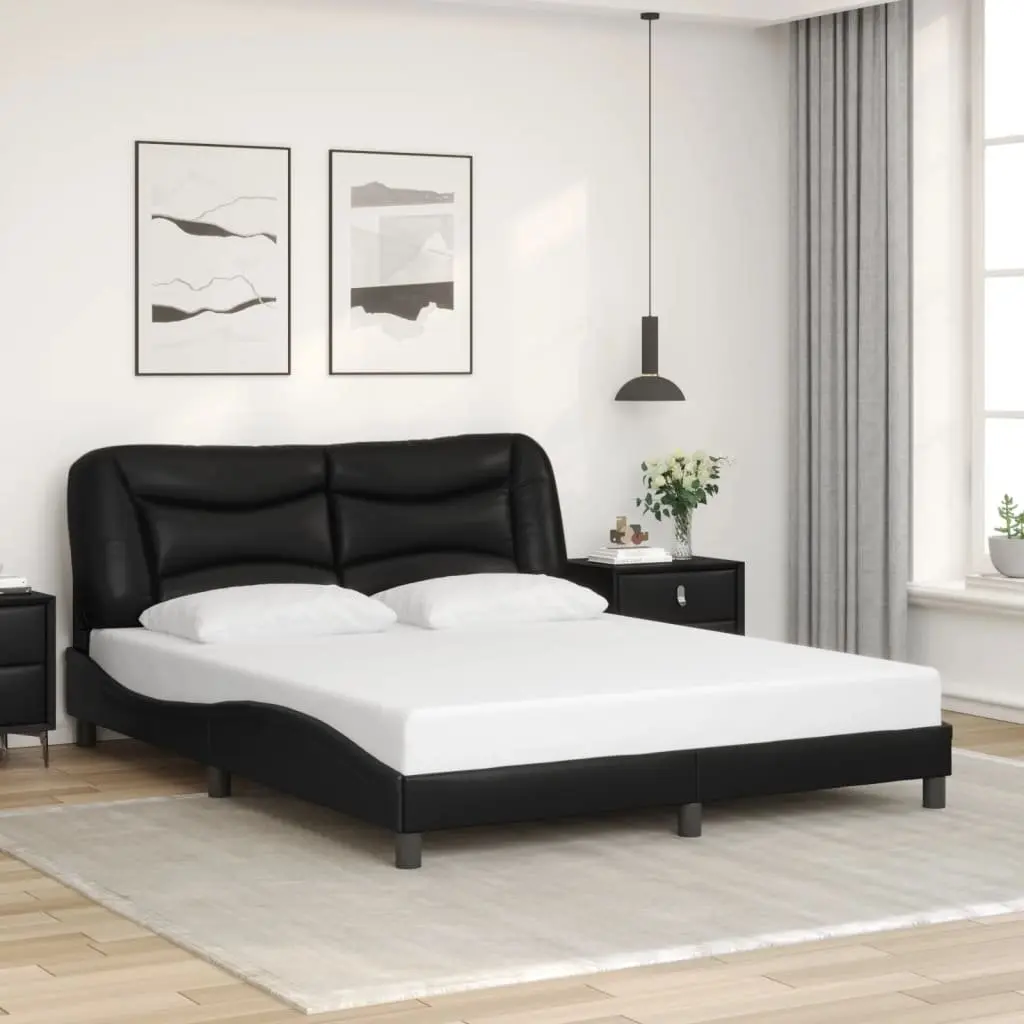 Bed Frame Black 152x203 cm LED Lights Faux Leather Headboard Plywood Slats