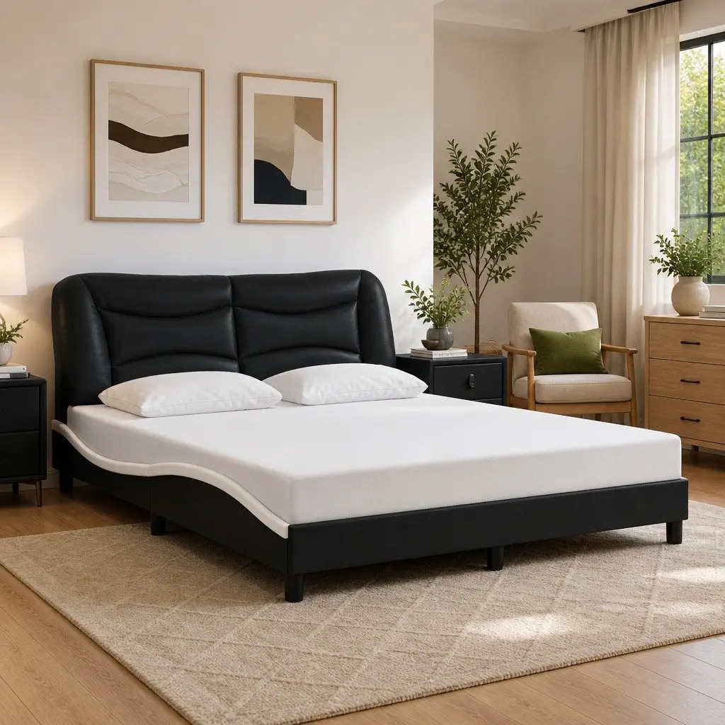 Bed Frame Black White 152x203cm Faux Leather LED Lights Plywood Slats