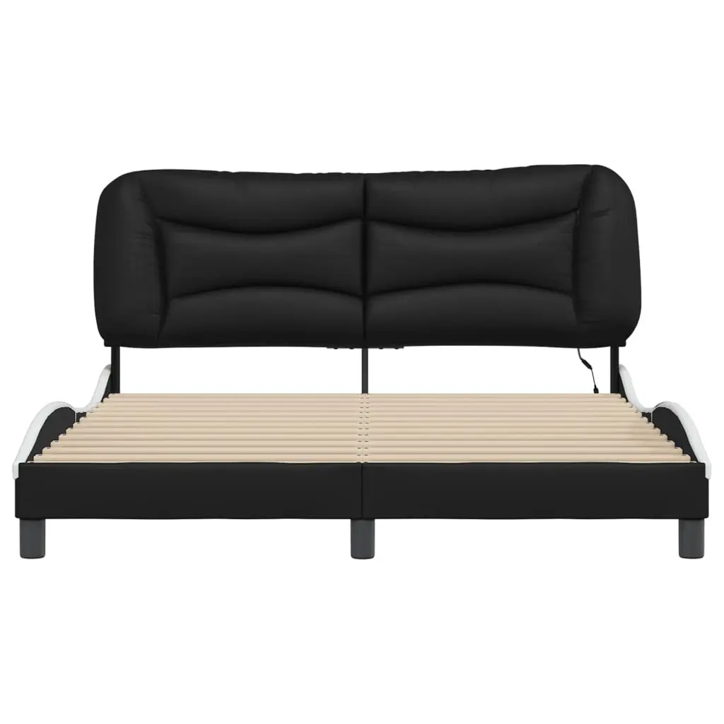 Bed Frame Black White 152x203cm Faux Leather LED Lights Plywood Slats