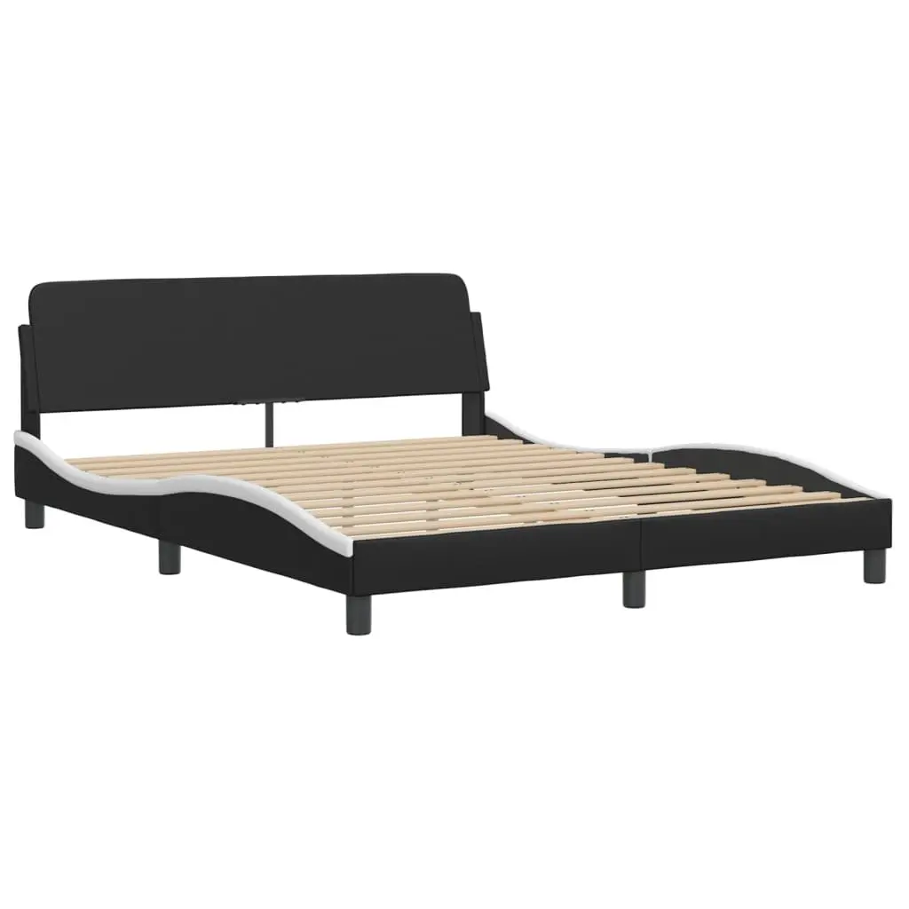Bed Frame Black White 152x203cm Faux Leather LED Lights Plywood Slats