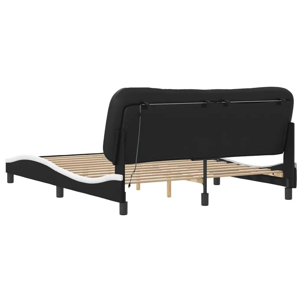 Bed Frame Black White 152x203cm Faux Leather LED Lights Plywood Slats