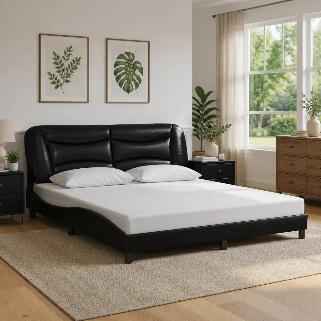 Bed Frame Black 180x200 cm LED Lights Faux Leather Headboard Pillow