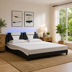 Bed Frame LED Lights Faux Leather Headboard Queen 180x200cm Black White Slats