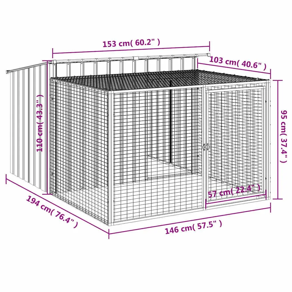 Dog House with Run Anthracite Galvanised Steel Outdoor Kennel Shelter Cage