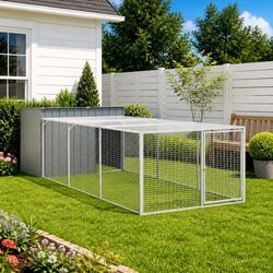 Dog House with Run Anthracite Galvanised Steel Outdoor Pet Kennel Enclosure