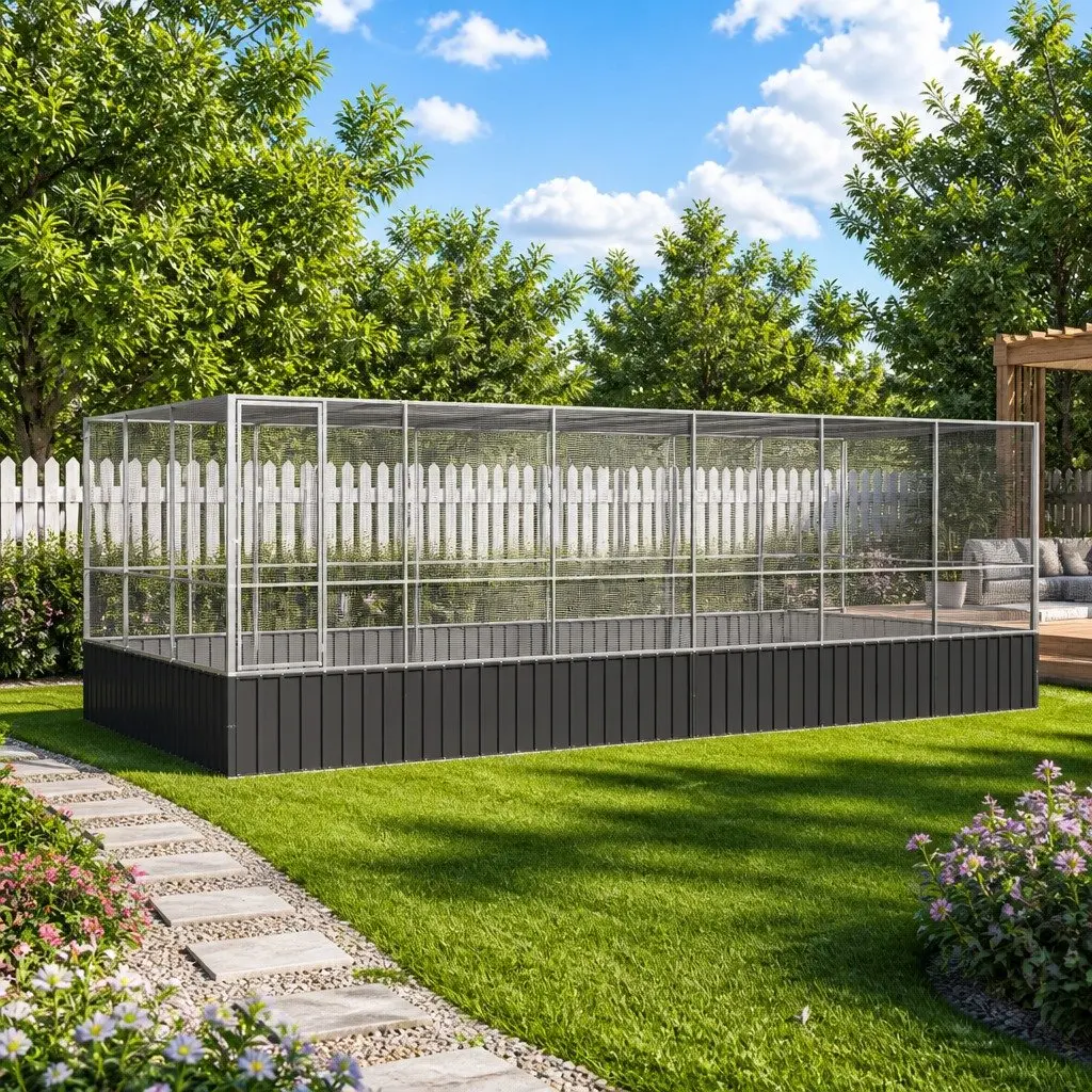Large Aviary Silver Steel Mesh Outdoor Enclosure with Extension