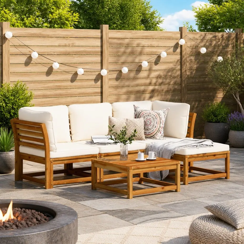 5 Piece Garden Lounge Set with Cushions Solid Wood Outdoor Sectional Sofa Brown